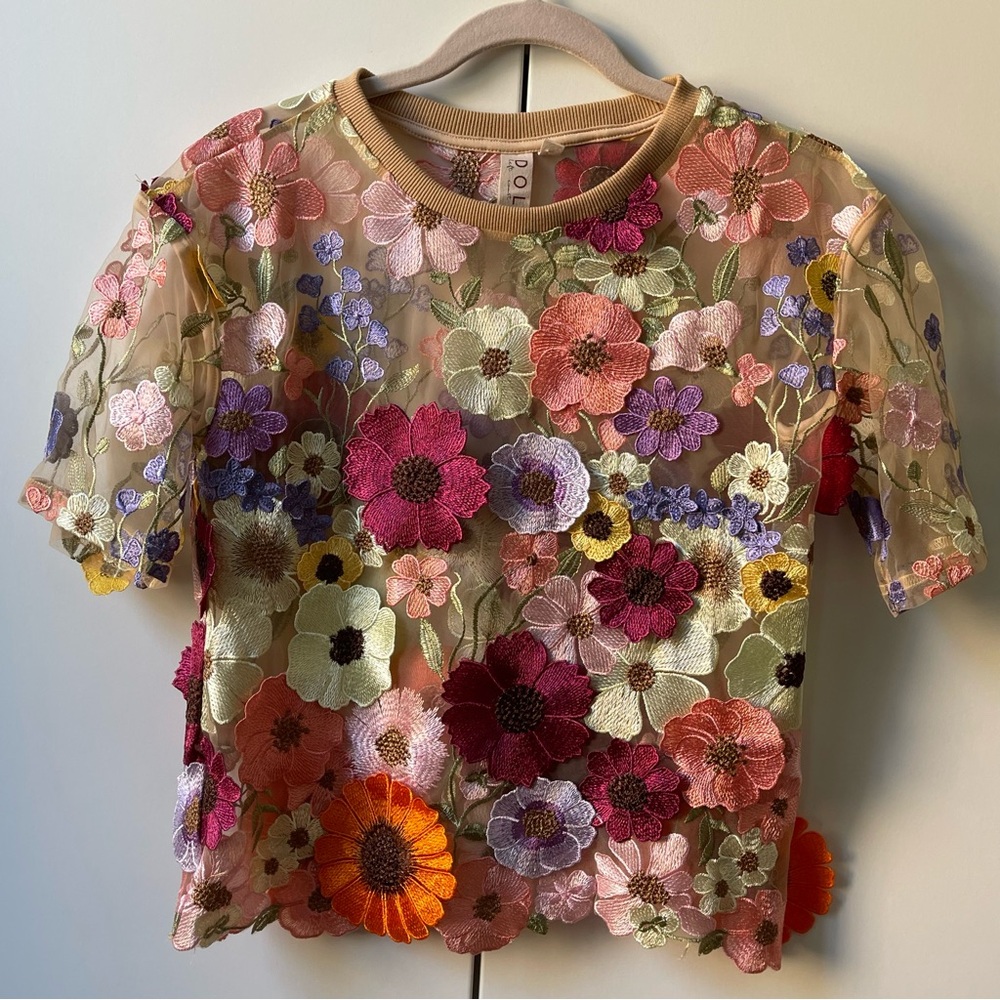 Anthropologie Dolan Left Coast Flower Appliqué Sheer Tee XXS Multi Floral Nude